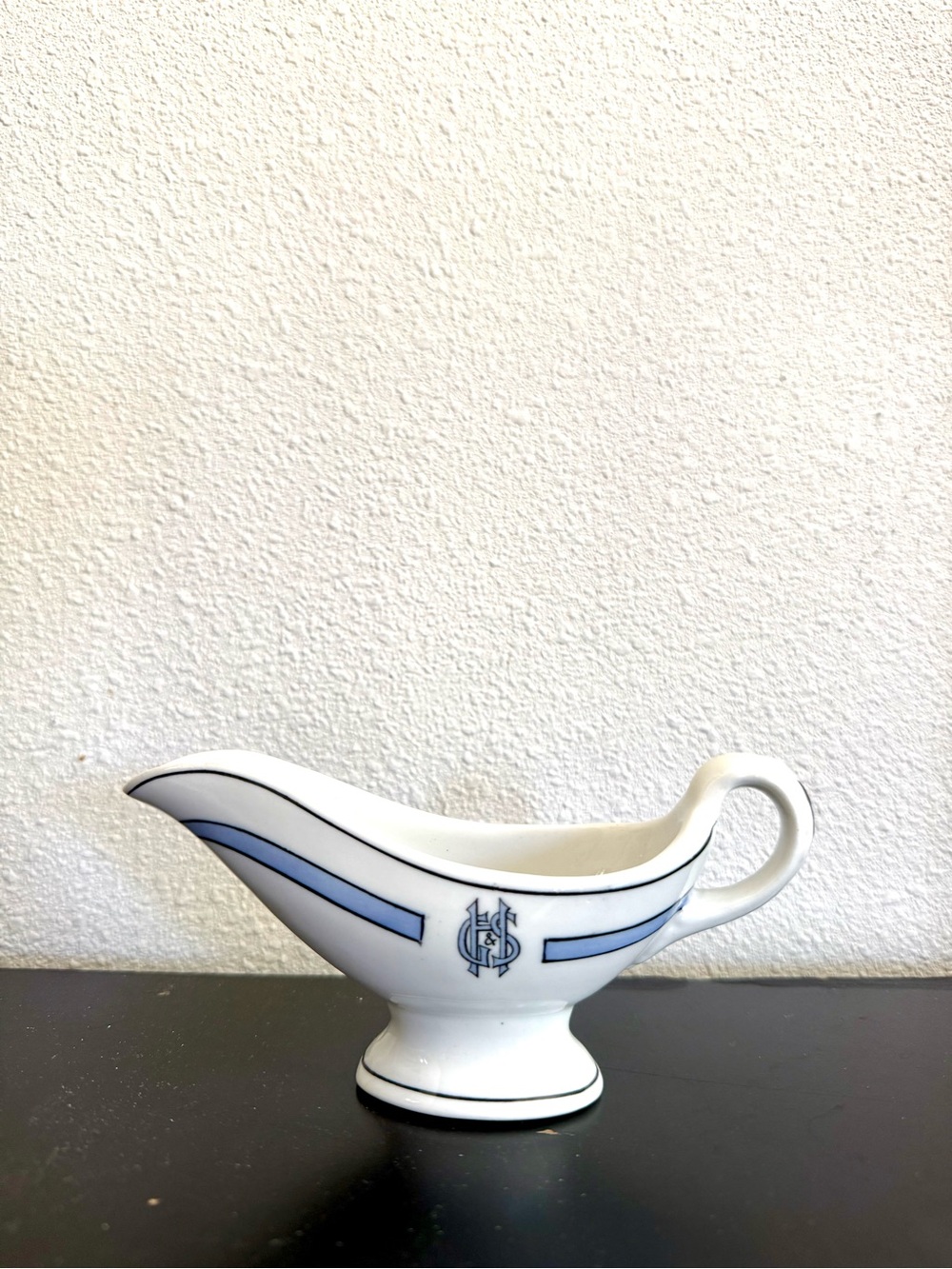 VTG Shenango China restaurant-ware gravy boat blue stripe HG&S monogram crest